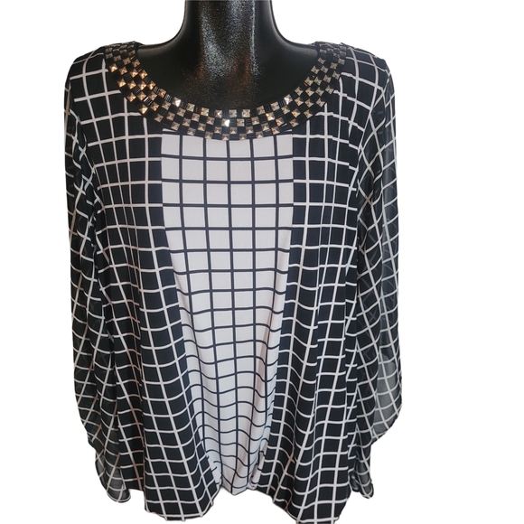 Alfani Black and White Grid Pattern Long Sleeve Top 3X - Picture 1 of 8